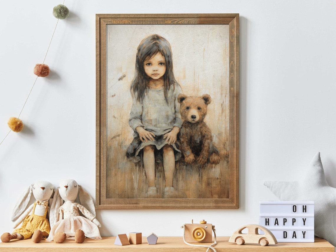 Little Girl Sitting with a Bear Cub Rustic Watercolor Nursery Poster