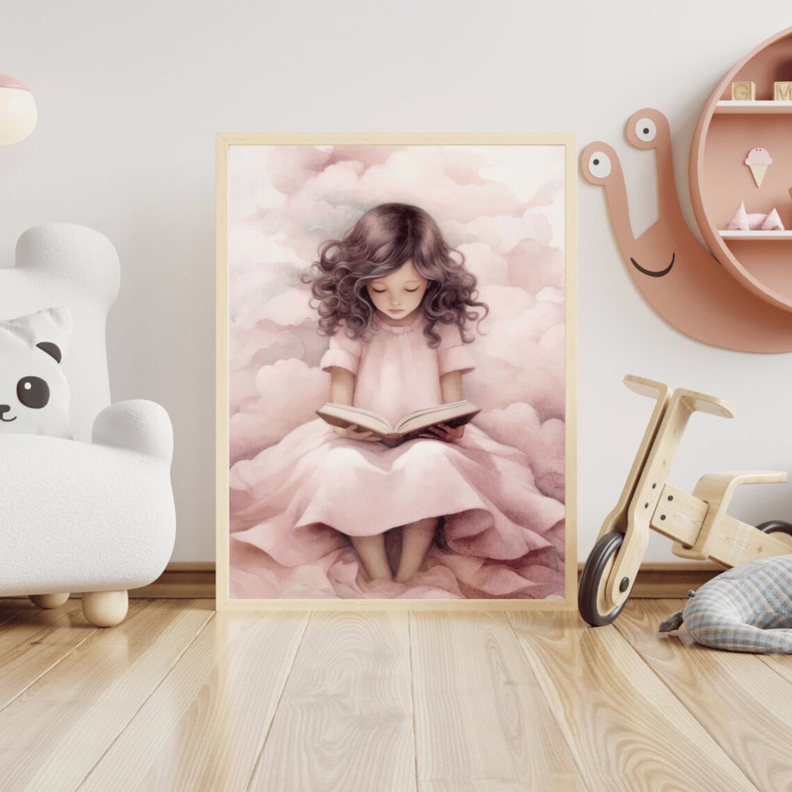 Little Girl Reading in Pink Clouds Dreamy Book Lover Girls Room Poster - Image 2