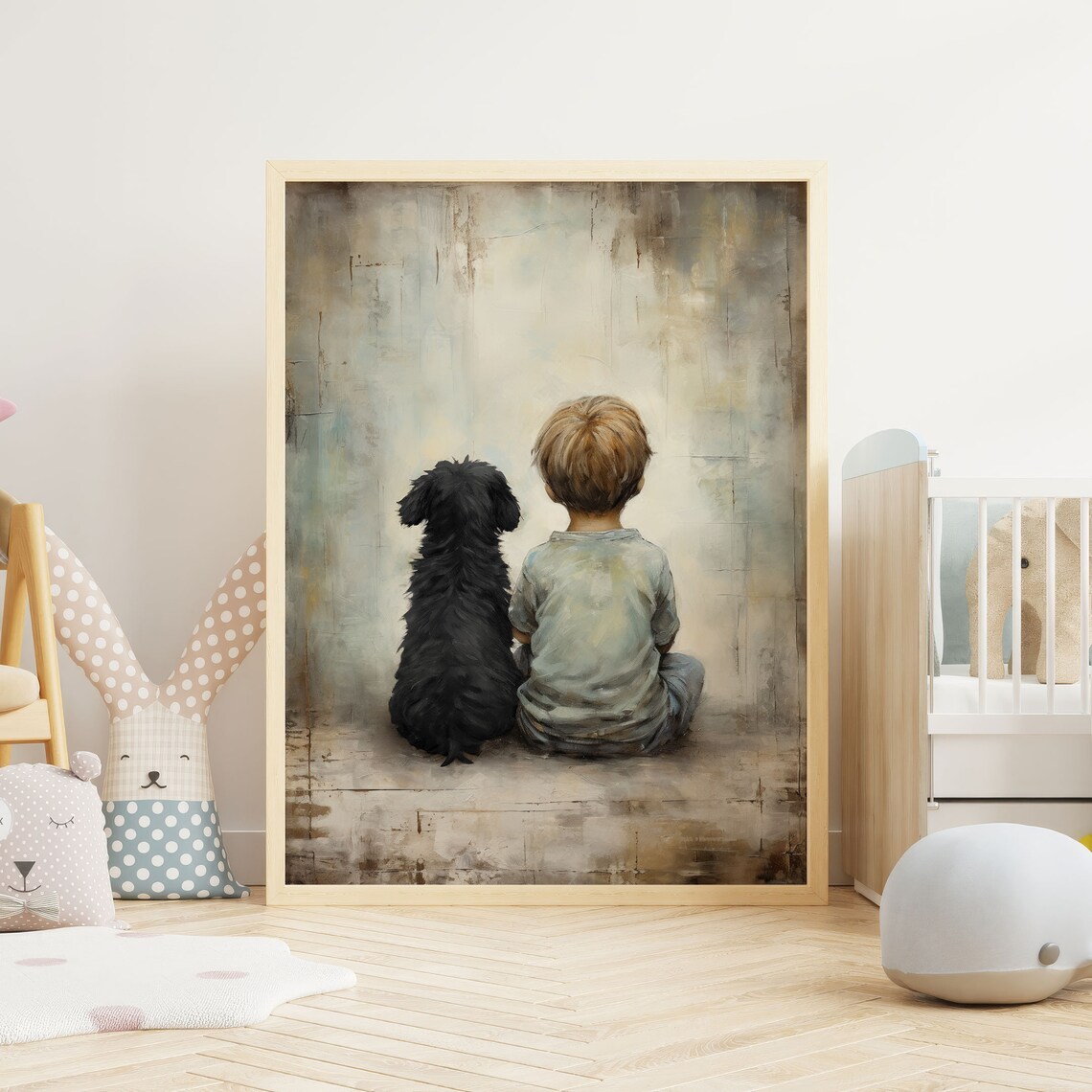 Boy And Black Dog Vintage Nursery Art Print - Image 2