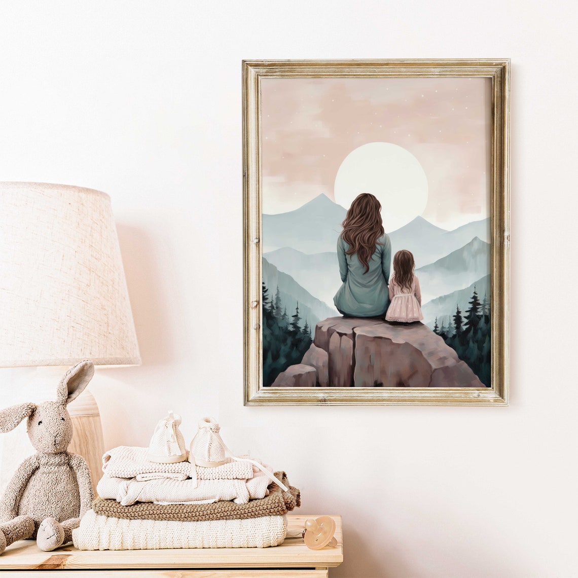 Mother and Daughter Watching Sunrise Over Mountain Peaks Art Poster - Image 2