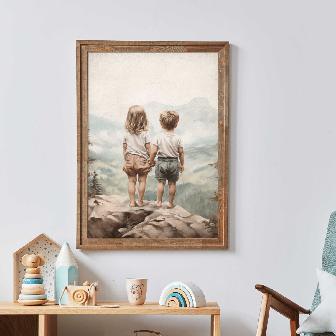 Vintage Siblings Adventure Mountain Nursery Art Print - Image 2