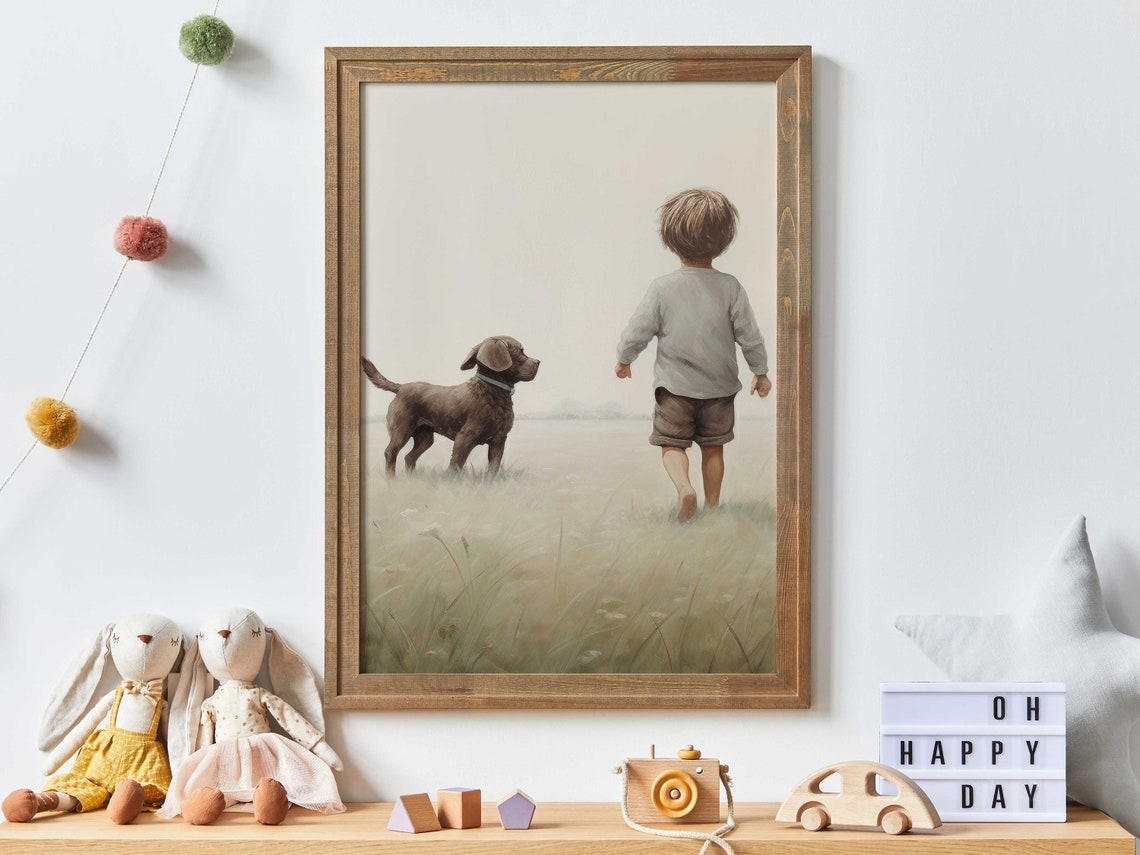 Brown Labrador Puppy and Boy Walking in Meadow Nursery Art Poster