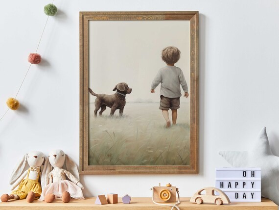 Brown Labrador Puppy and Boy Walking in Meadow Nursery Art Poster