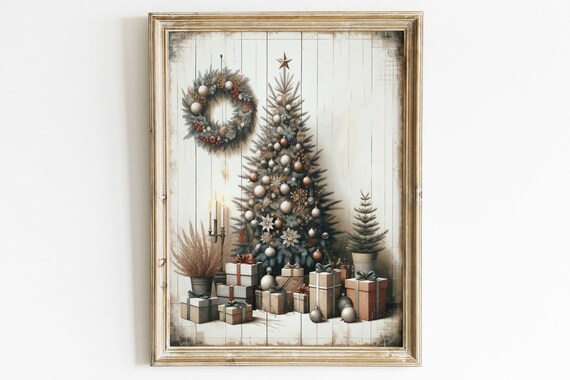 Rustic Farmhouse Christmas Tree With Gifts Vintage Holiday Poster