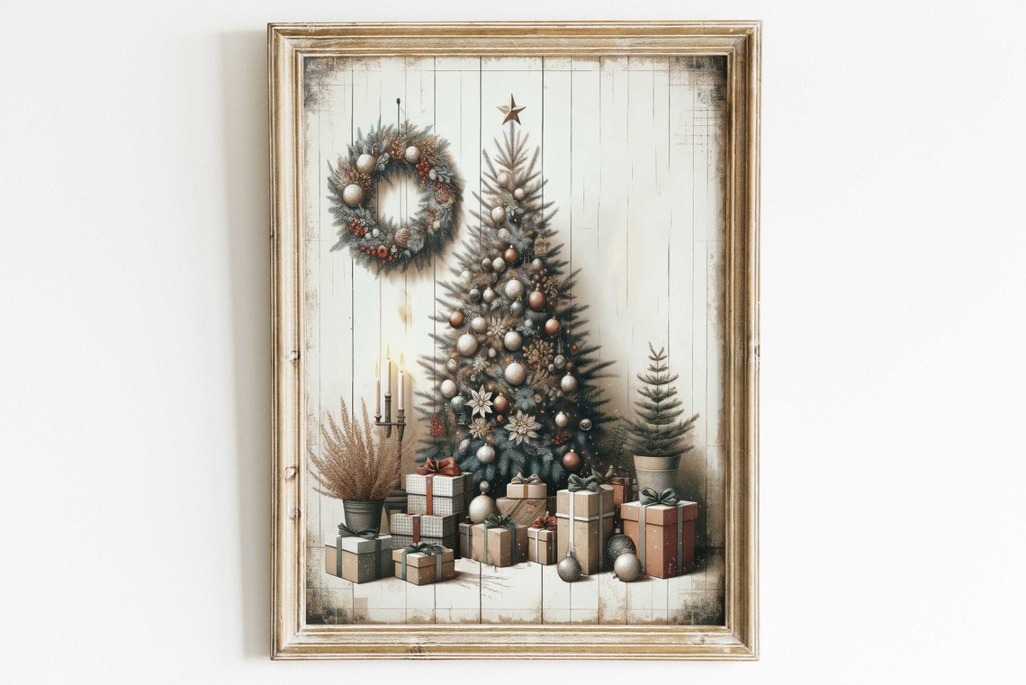 Rustic Farmhouse Christmas Tree With Gifts Vintage Holiday Poster