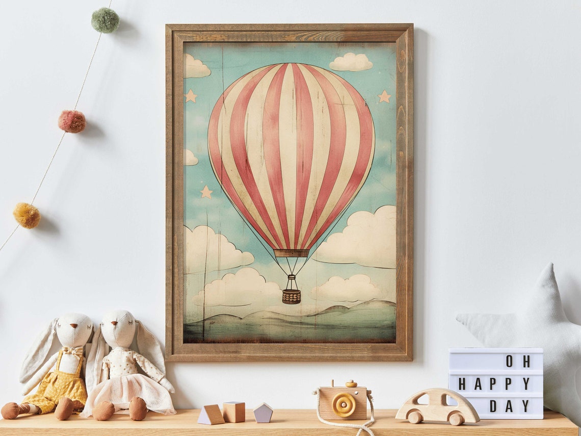 Vintage Red Striped Hot Air Balloon Poster Starry Nursery Adventure