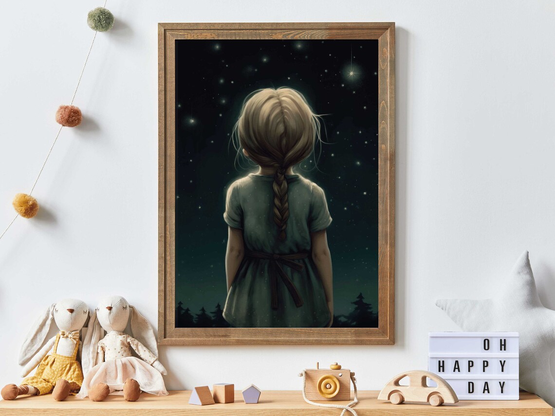 Stargazing Print, Vintage Girls Room Nursery Decor