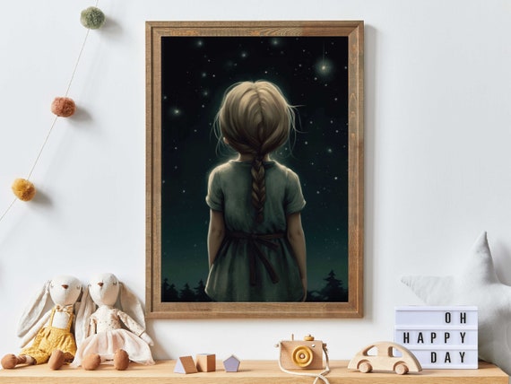 Stargazing Print, Vintage Girls Room Nursery Decor