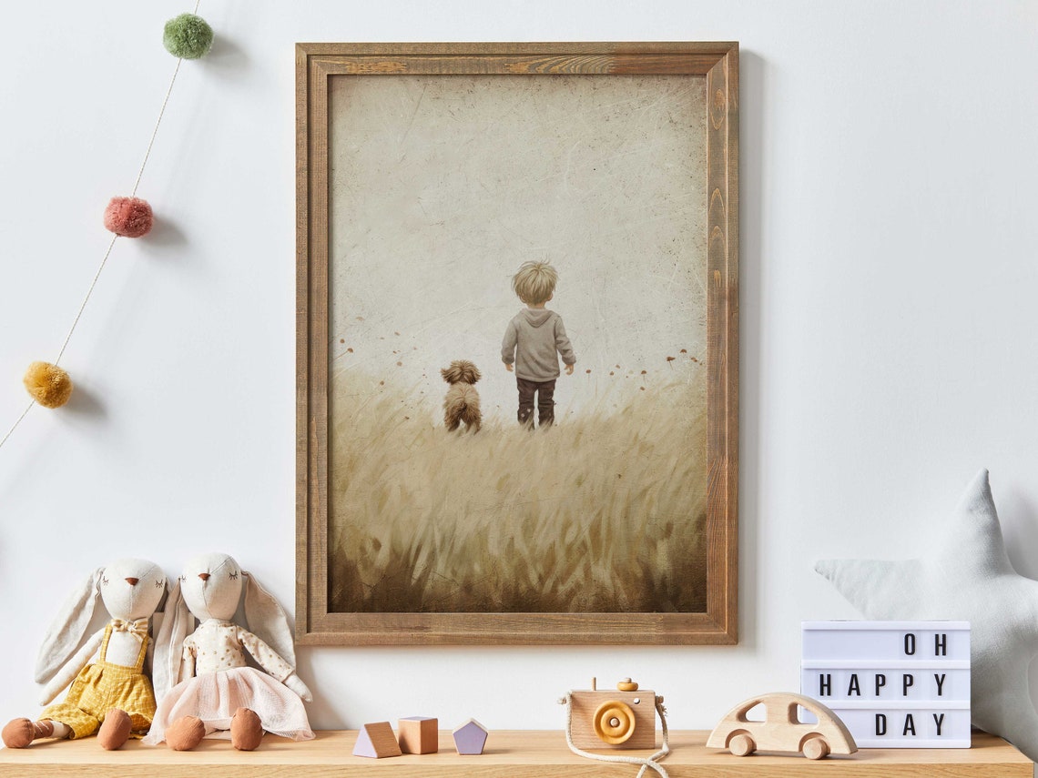 Little Boy and Puppy Walking Through Golden Wheat Field Poster