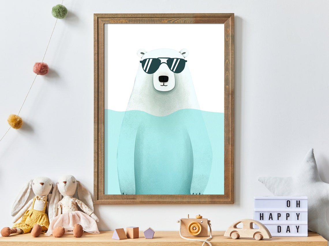 Polar Bear Bathing in Water Wearing Aviator Sunglasses Poster