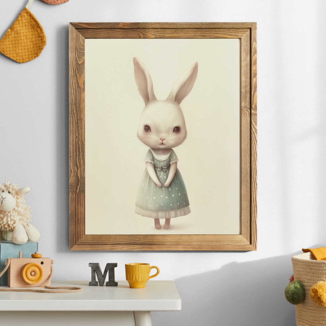 Bunny Rabbit in Green Polka Dot Dress Cute Nursery Art Poster - Image 2