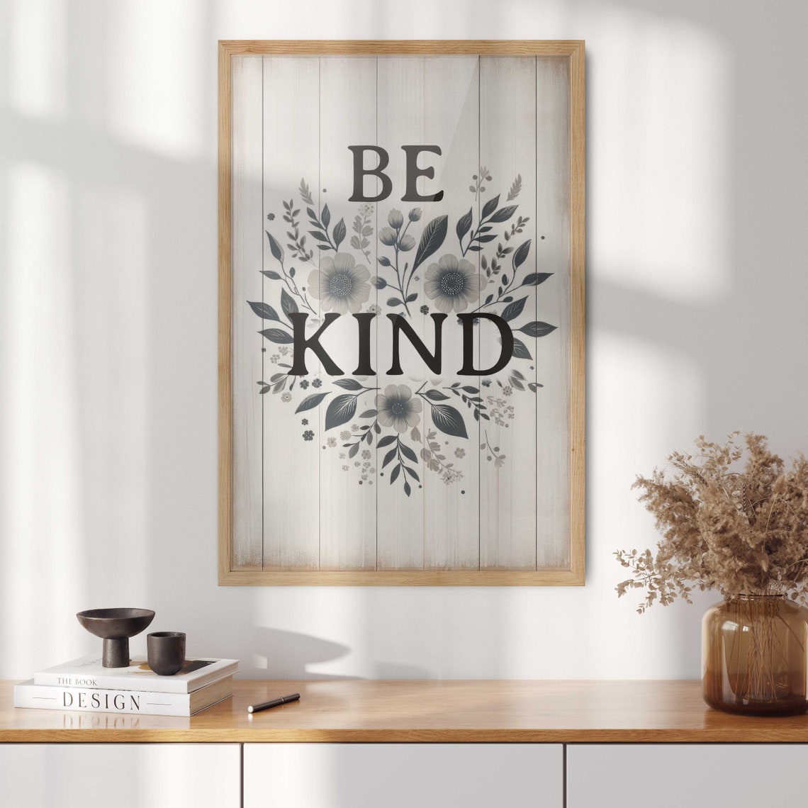 Be Kind Quote with Monochrome Florals on Rustic Wood Sign Poster - Image 2