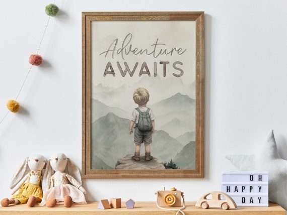 Adventure Awaits Little Boy Explorer Mountain Nursery Poster