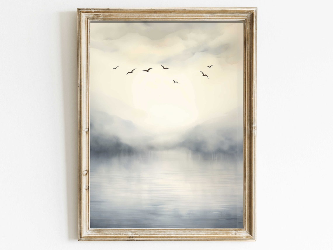 Birds Flying Over a Misty Still Lake Minimalist Watercolor Poster