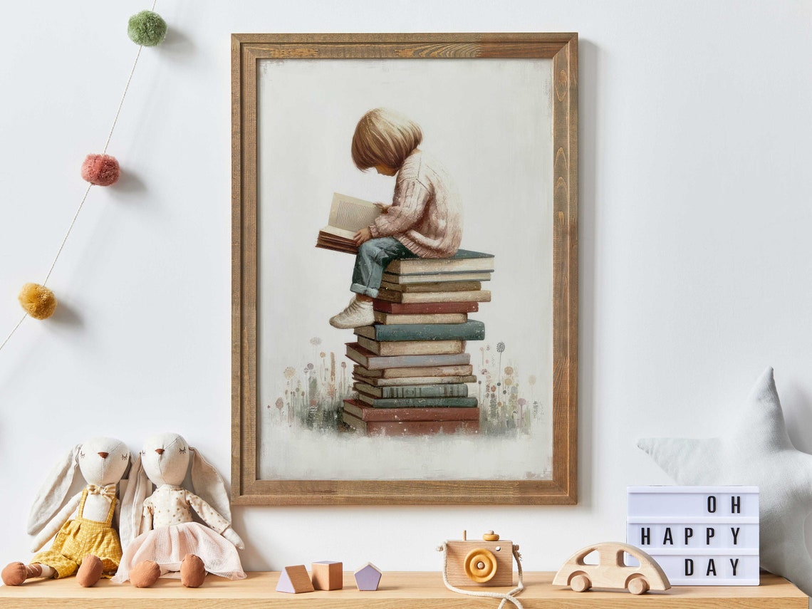 Small Child Sitting On A Stack Of Books Reading Vintage Nursery Print