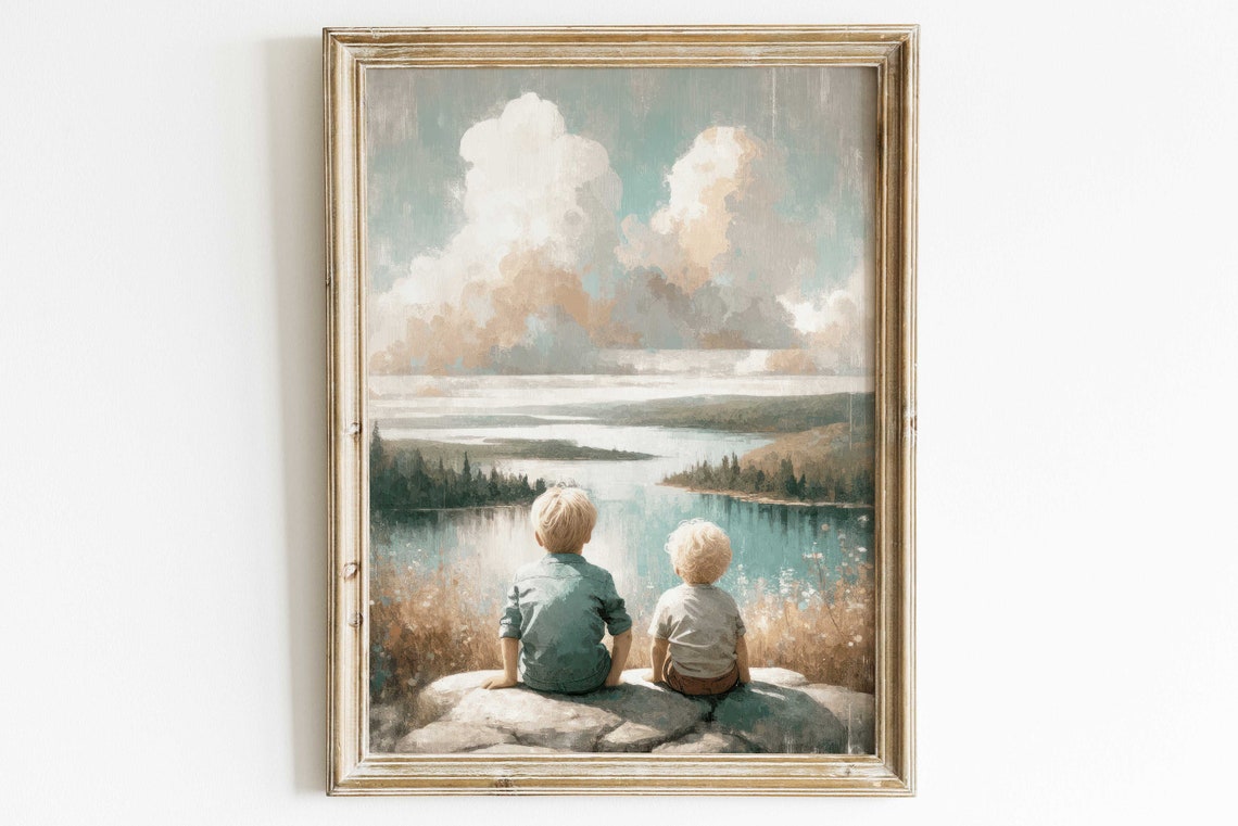 Two Brothers Sitting By The Lake Looking At Mountains Scene Poster - Image 3