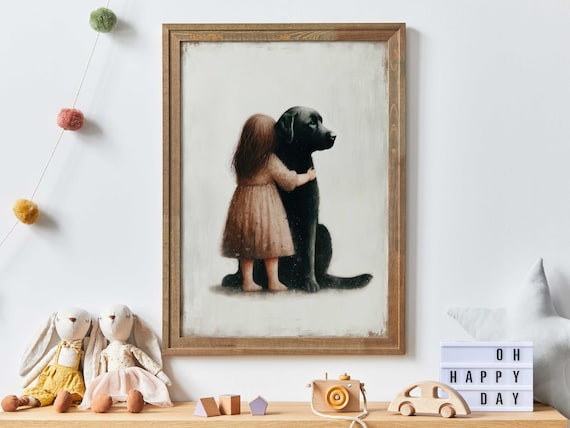 Little Girl Hugging Black Labrador Puppy Close Up Nursery Poster