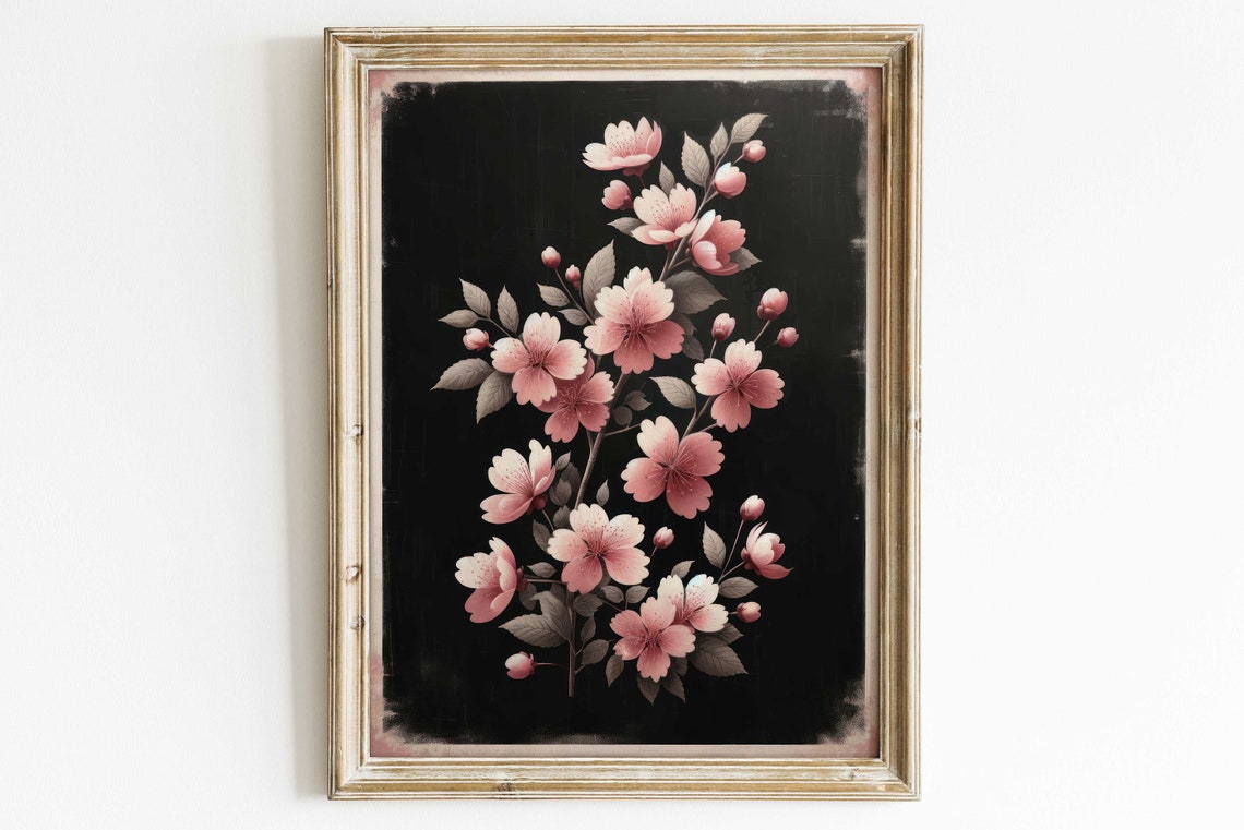 Pink Cherry Blossom Branches on Black Floral Farmhouse Bloom Poster - Image 2