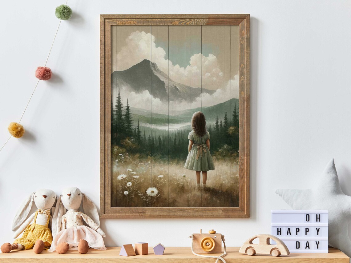 Girl in Green Dress Gazing at Misty Forest Mountains Nursery Poster