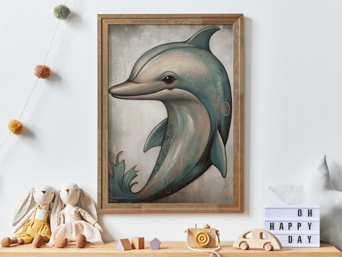 Teal And Gold Stylized Dolphin Painting For Coastal Nursery Poster