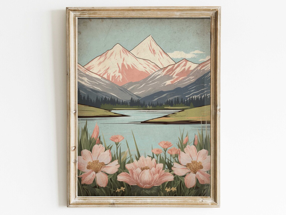 Snowy Mountain Peaks Over Lake With Pink Wildflowers Art Poster