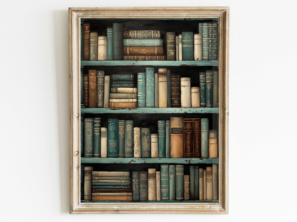 Vintage Bookshelf With Antique Teal And Brown Books Library Art Print