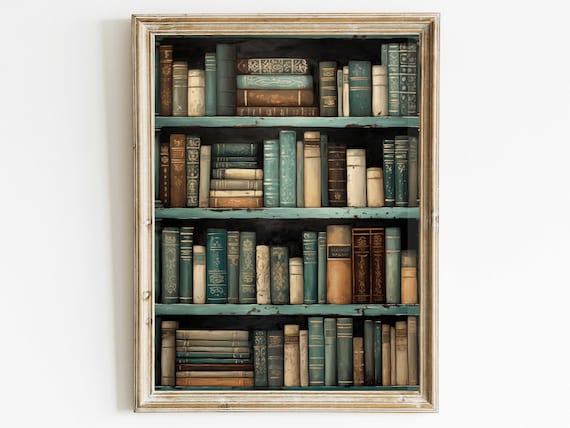 Vintage Bookshelf With Antique Teal And Brown Books Library Art Print