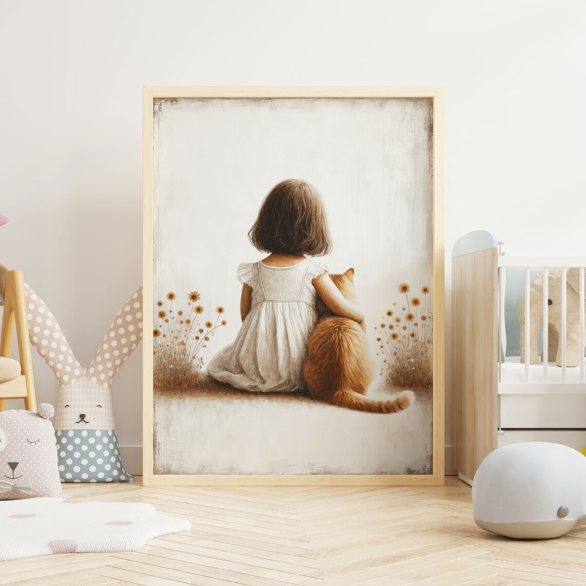 Little Girl In White Dress Hugging An Orange Cat Among Wildflowers Print - Image 2