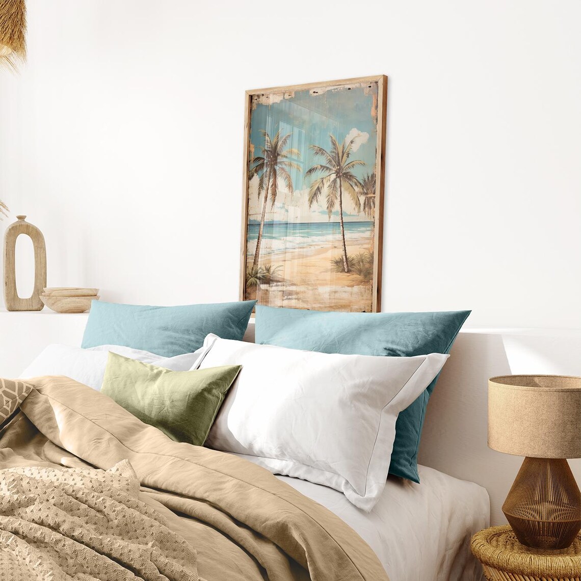 Tropical Beach Painting Beach Wall Art Vintage Beach Print Palm Tree Art Print Rustic Home Decor Ocean Wall Decor - Image 2