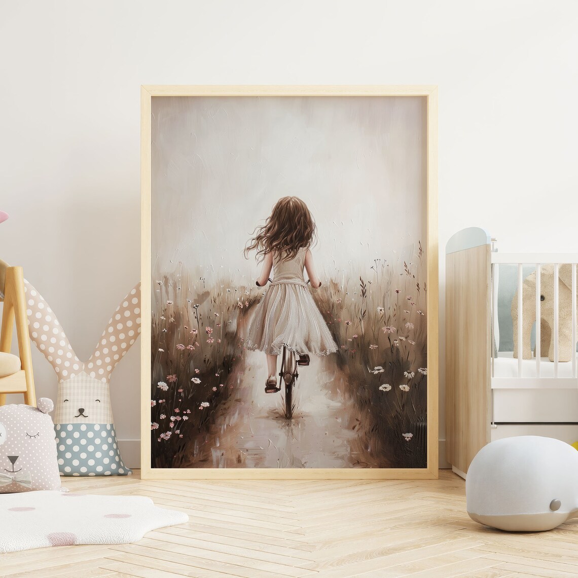 Girl Riding Bicycle Through Wildflower Field Dreamy Nursery Poster - Image 3