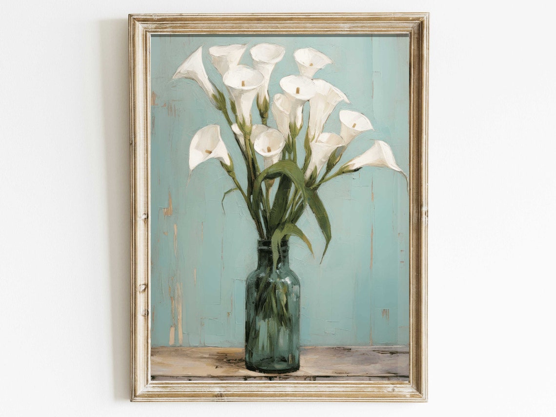 White Calla Lilies in a Glass Vase Still Life Painting Poster