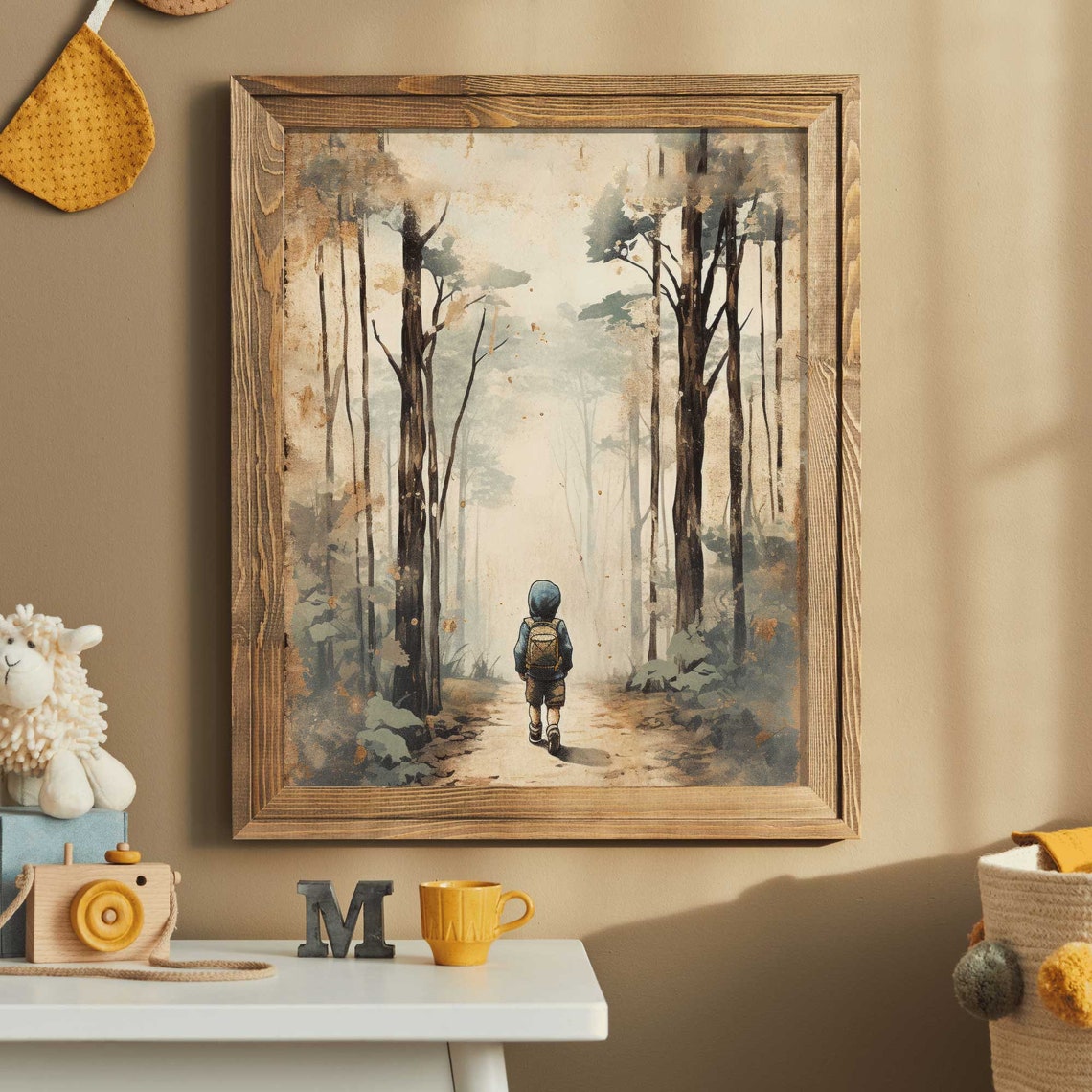 Little Boy With Backpack Walking in Golden Autumn Forest Art Print - Image 2