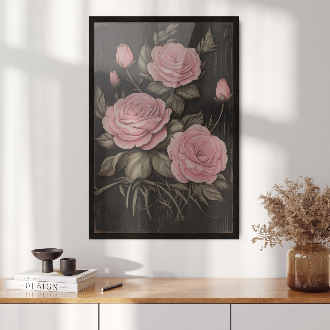 Blush Pink Roses Blooming On A Dark Background Floral Wall Art - Image 2