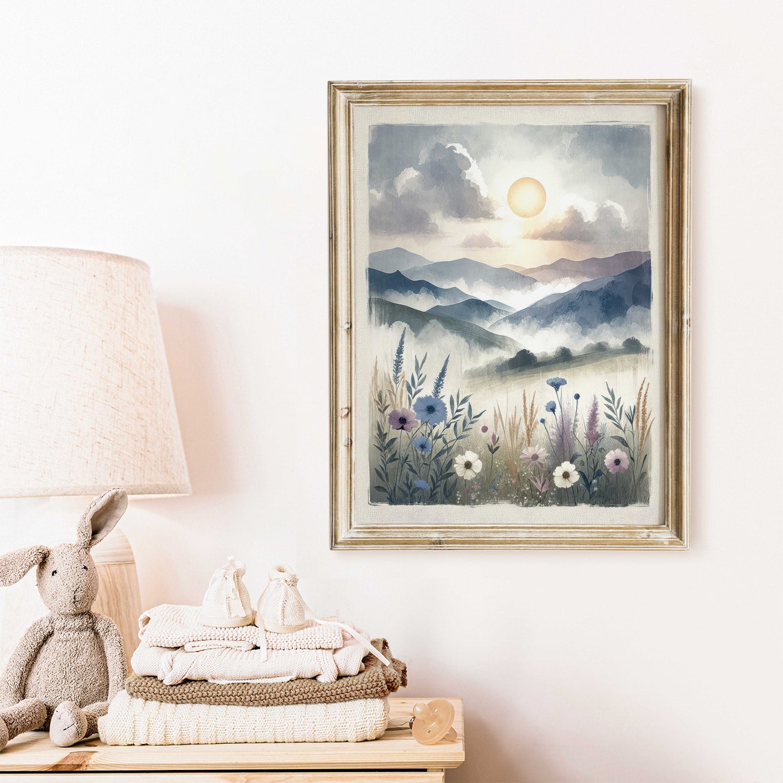 Wildflower Meadow at Sunrise with Misty Blue Mountains Wall Art - Image 2