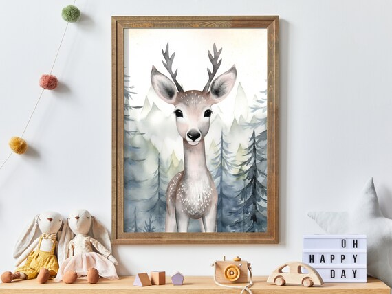 Watercolor Young Deer in Misty Pine Forest Woodland Nursery Poster