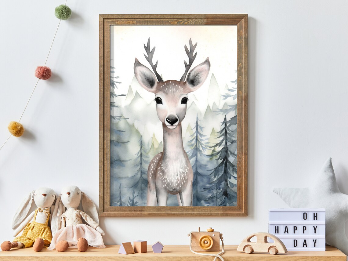 Watercolor Young Deer in Misty Pine Forest Woodland Nursery Poster
