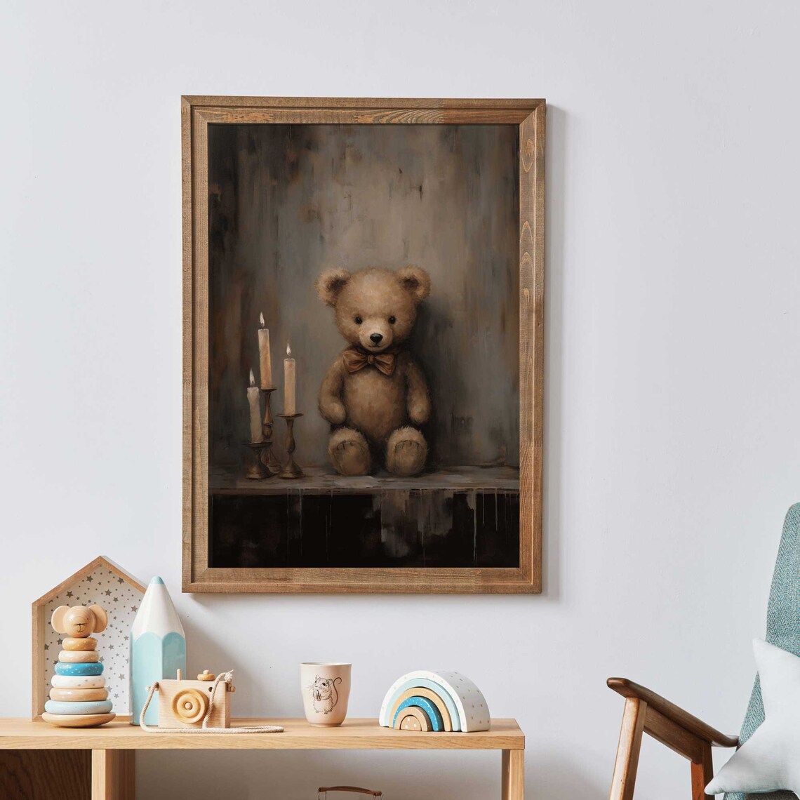 Vintage Teddy Bear With Bow Tie And Candles Dark Nursery Wall Poster - Image 3