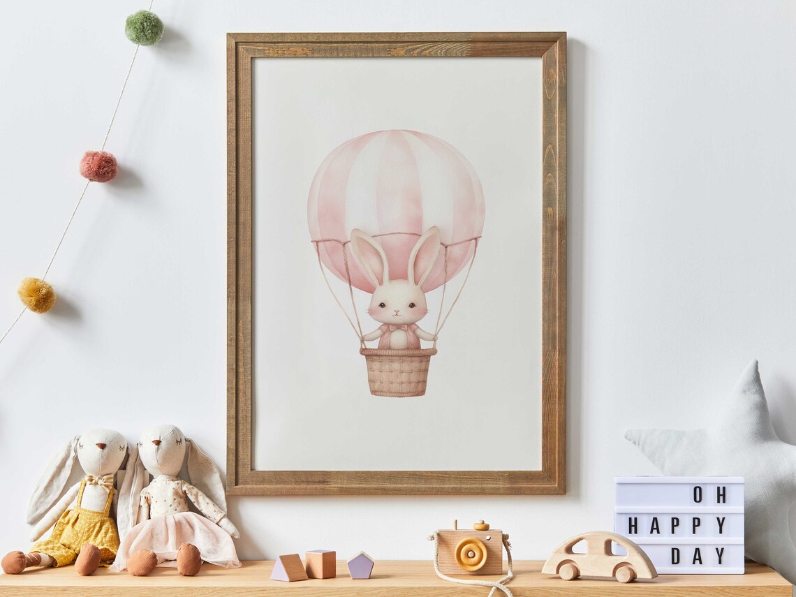 Bunny in a Pink Hot Air Balloon Watercolor Baby Nursery Wall Poster