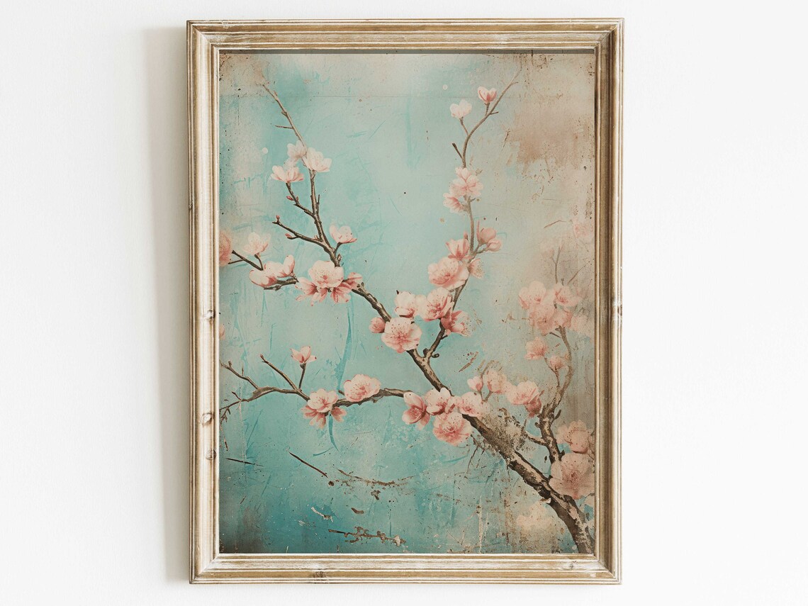 Vintage Cherry Blossom Art Print, Rustic Floral Decor