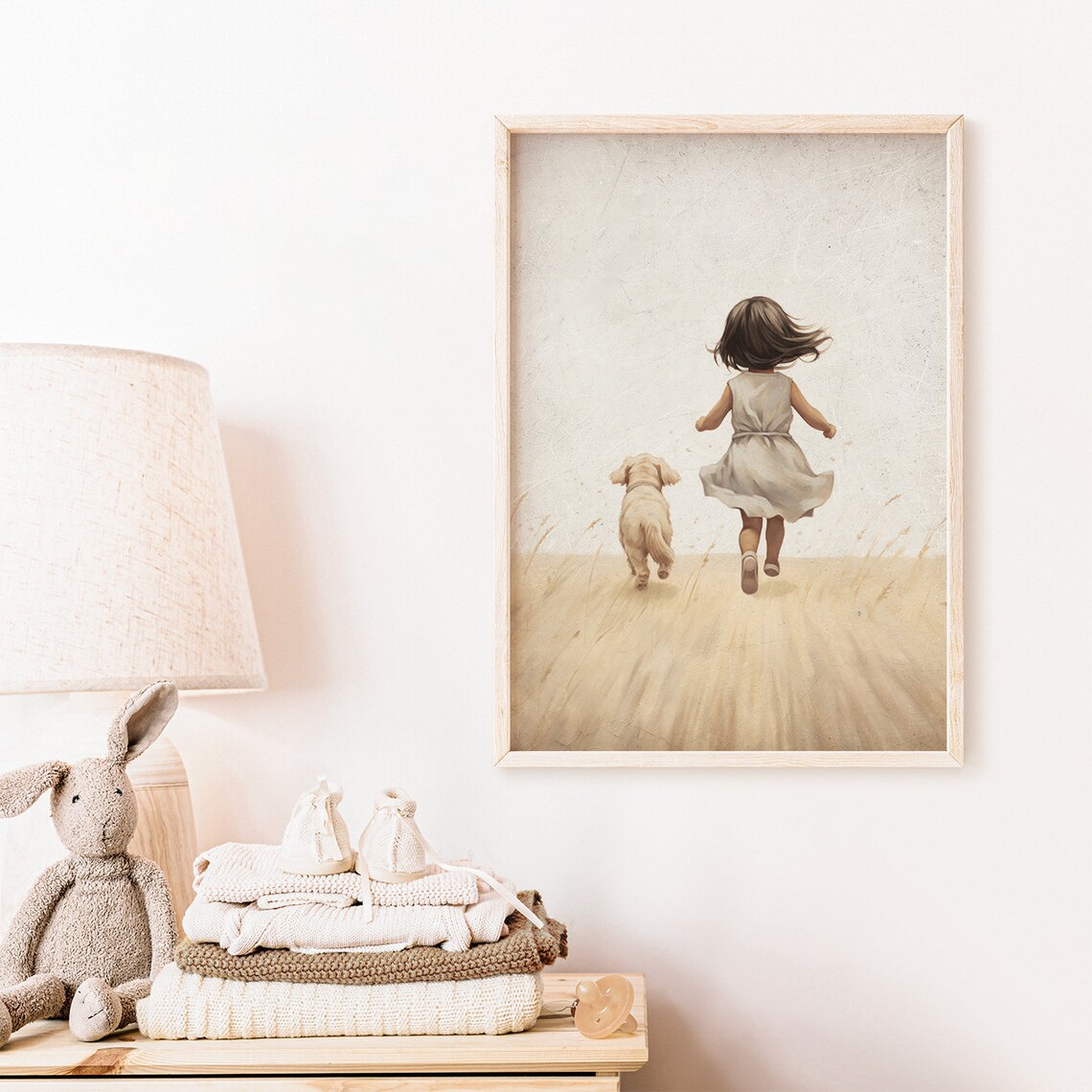 Little Girl Running with Her Puppy Dog Vintage Nursery Wall Art - Image 2