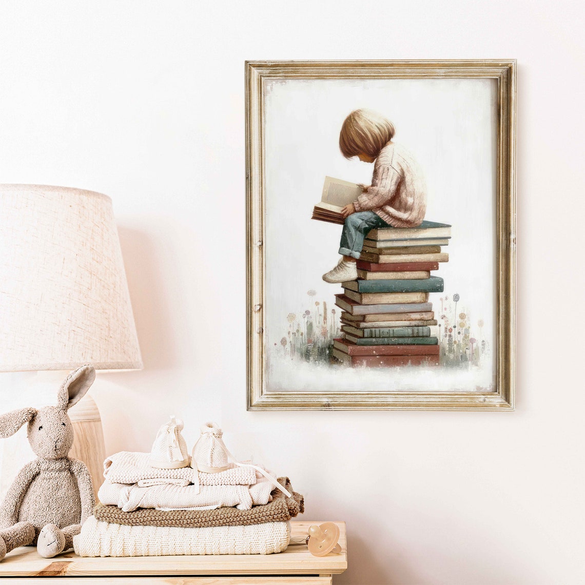 Small Child Sitting On A Stack Of Books Reading Vintage Nursery Print - Image 2