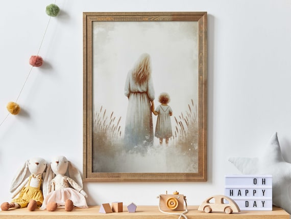 Mother and Daughter Walking in Tall Grass Misty Morning Art Print