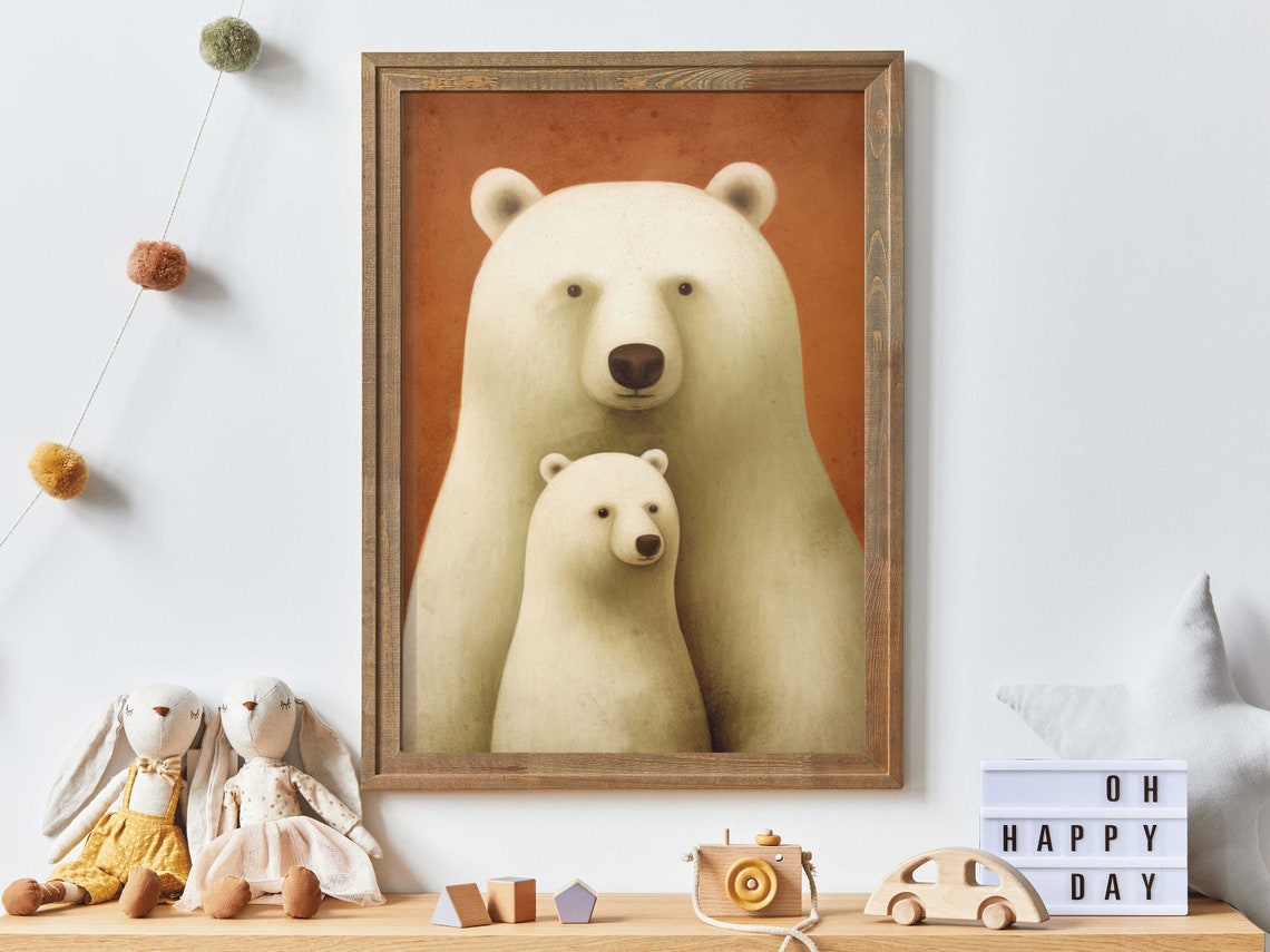 Polar Bear Parent and Cub in Arctic Watercolor Nursery Poster