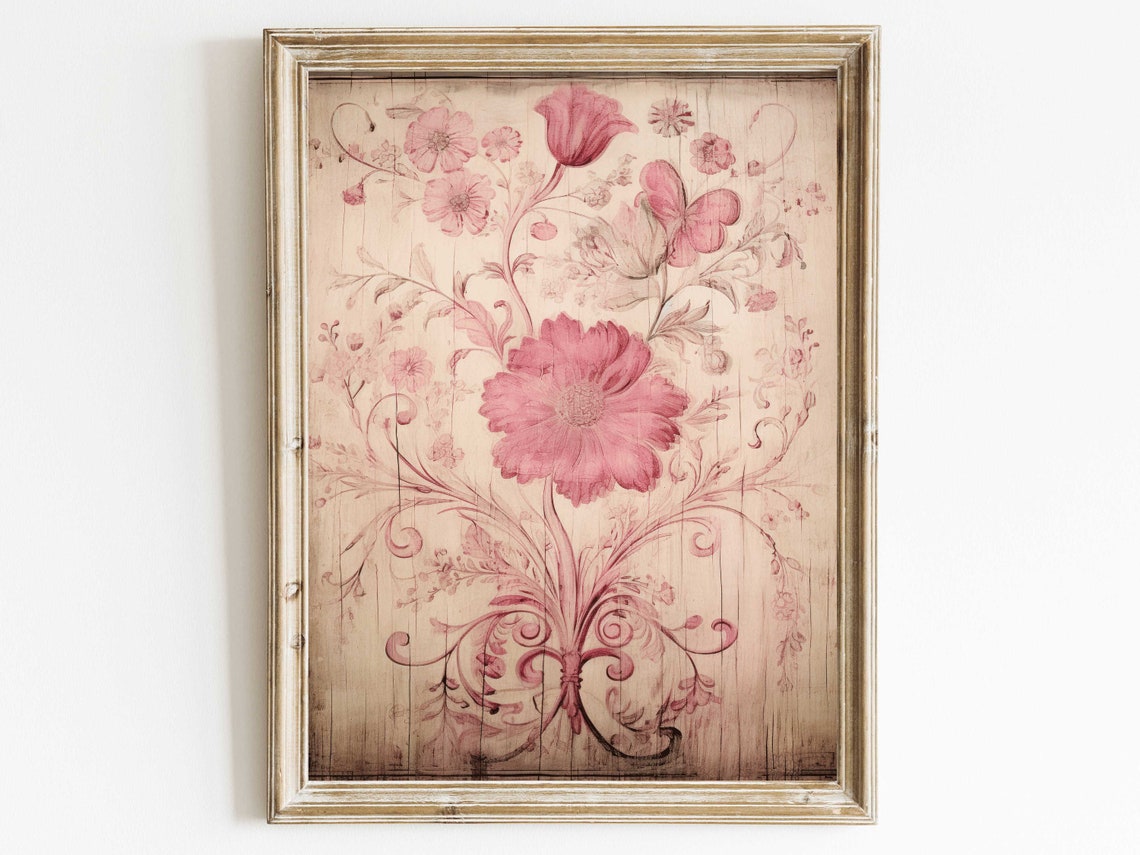 Pink Vintage Floral Poster Wood Panel Romantic Farmhouse Wall Decor