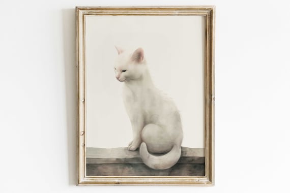 White Cat Sitting on Wooden Ledge Minimalist Watercolor Poster
