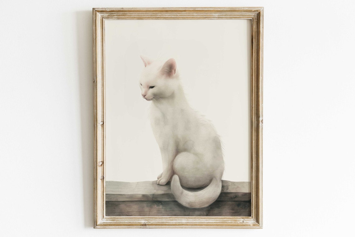White Cat Sitting on Wooden Ledge Minimalist Watercolor Poster