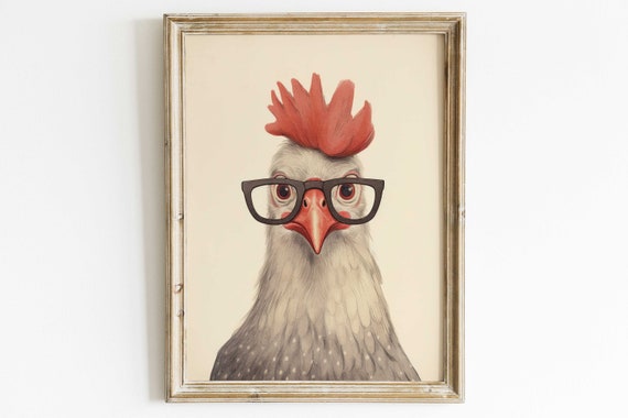 Rooster Wall Art Animals Wearing Glasses Funny Animal Print Farm Nursery Decor Vintage Art Animal Kids Room Decor Wall Art