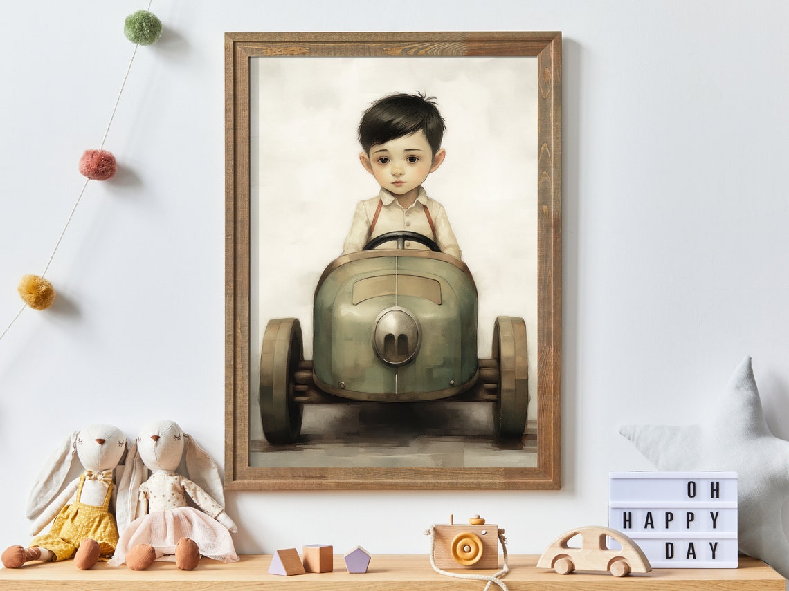 Little Boy In Vintage Green Toy Race Car Retro Nursery Art Print