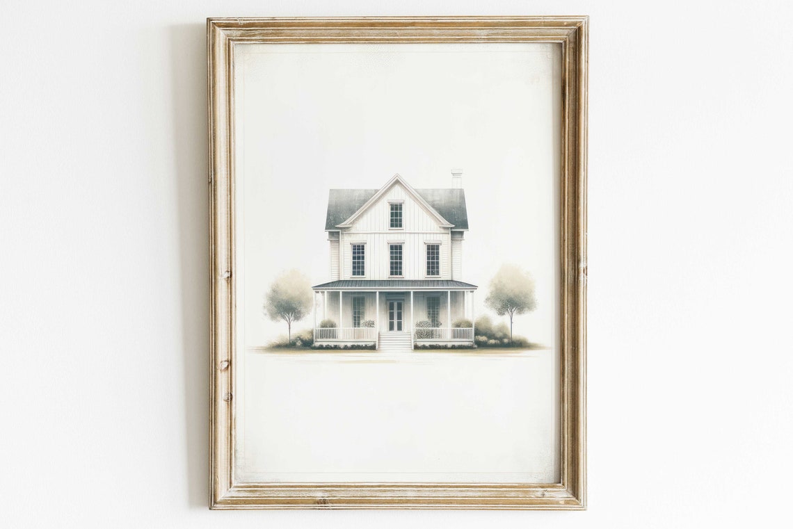 Minimalist White Farmhouse with Porch Watercolor Sketch Poster
