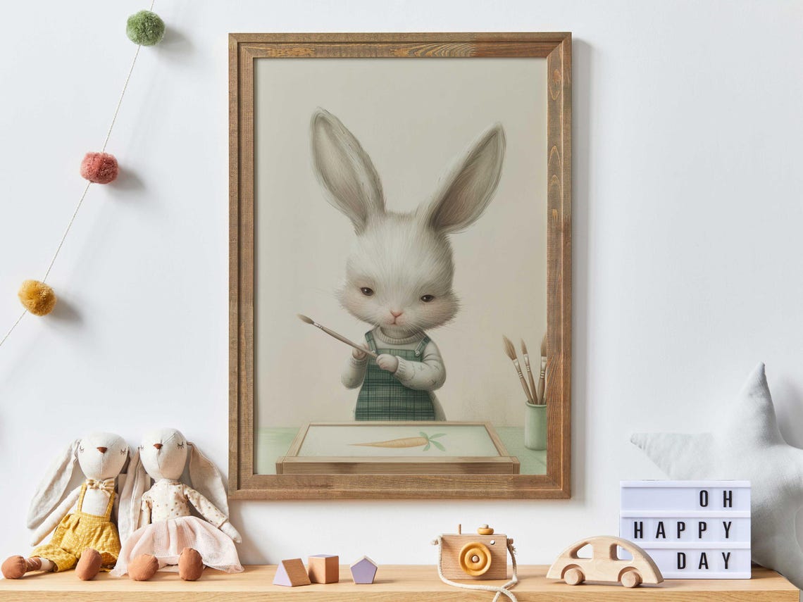 Sweet Bunny Artist Painting a Carrot Whimsical Nursery Art Print